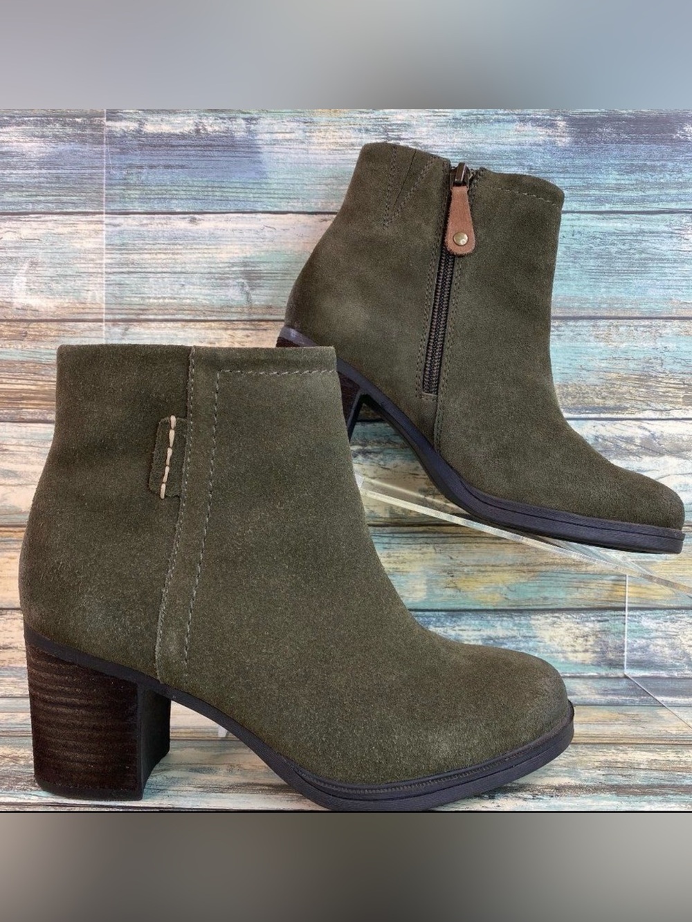 Rockport Natashya Ankle Boot Womens Size 5M Green Suede Zip Block Heel Comfort